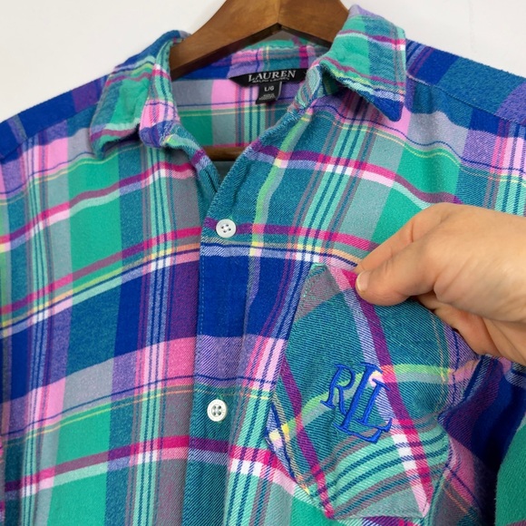 Lauren Ralph Lauren Nightgown Womens Large Blue Pink Plaid Flannel Short PJs - Picture 6 of 10